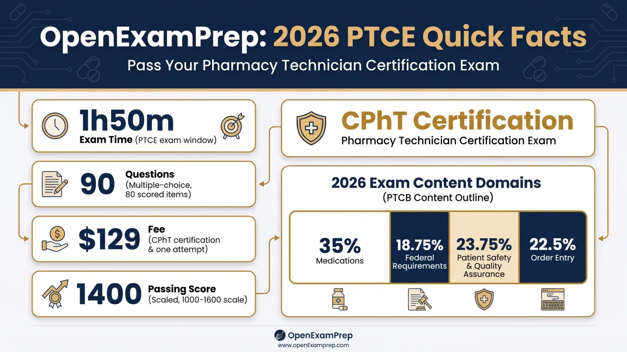 PTCE exam 2026 quick facts: 90 questions, 1400 passing score, $129 fee, 1h50m exam time, 4 domains with 2026 weights (Medications 35%, Federal 18.75%, Patient Safety 23.75%, Order Entry 22.5%), CPhT certification