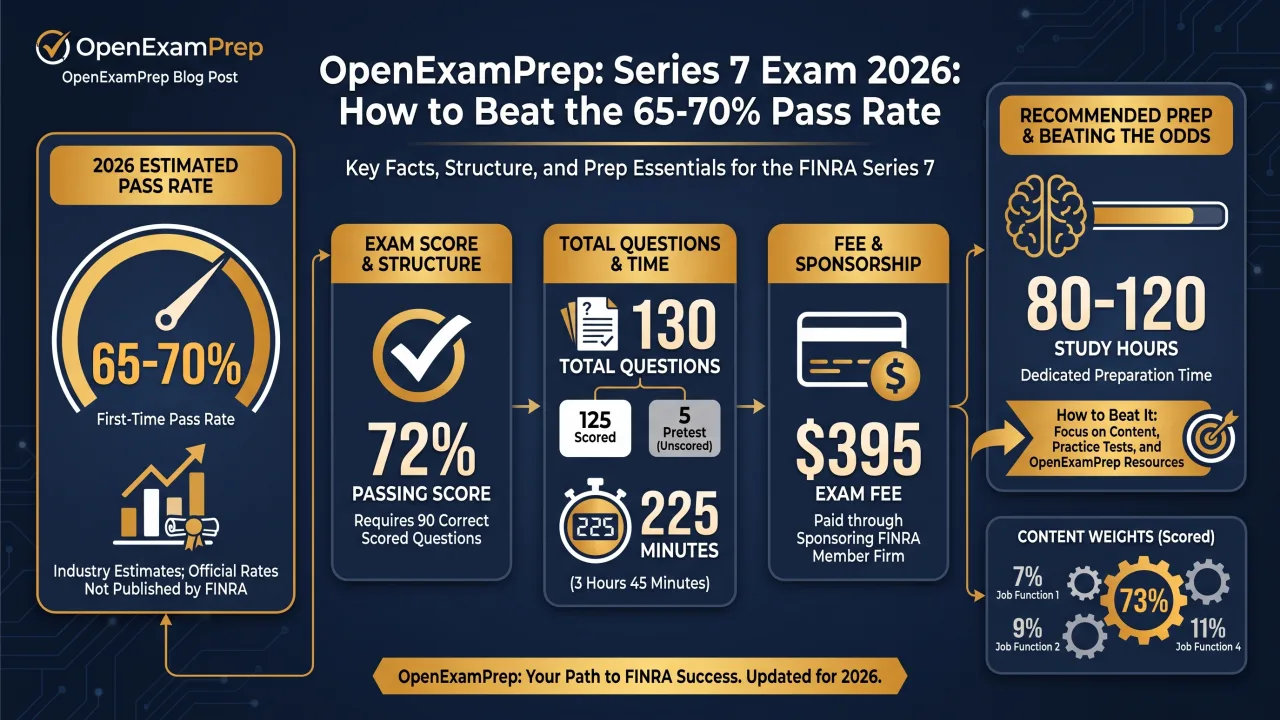 Series 7 Exam 2026: 65-70% pass rate, 130 questions (125 scored + 5 pretest), 72% passing score, $395 fee, 225 minutes, 80-120 study hours