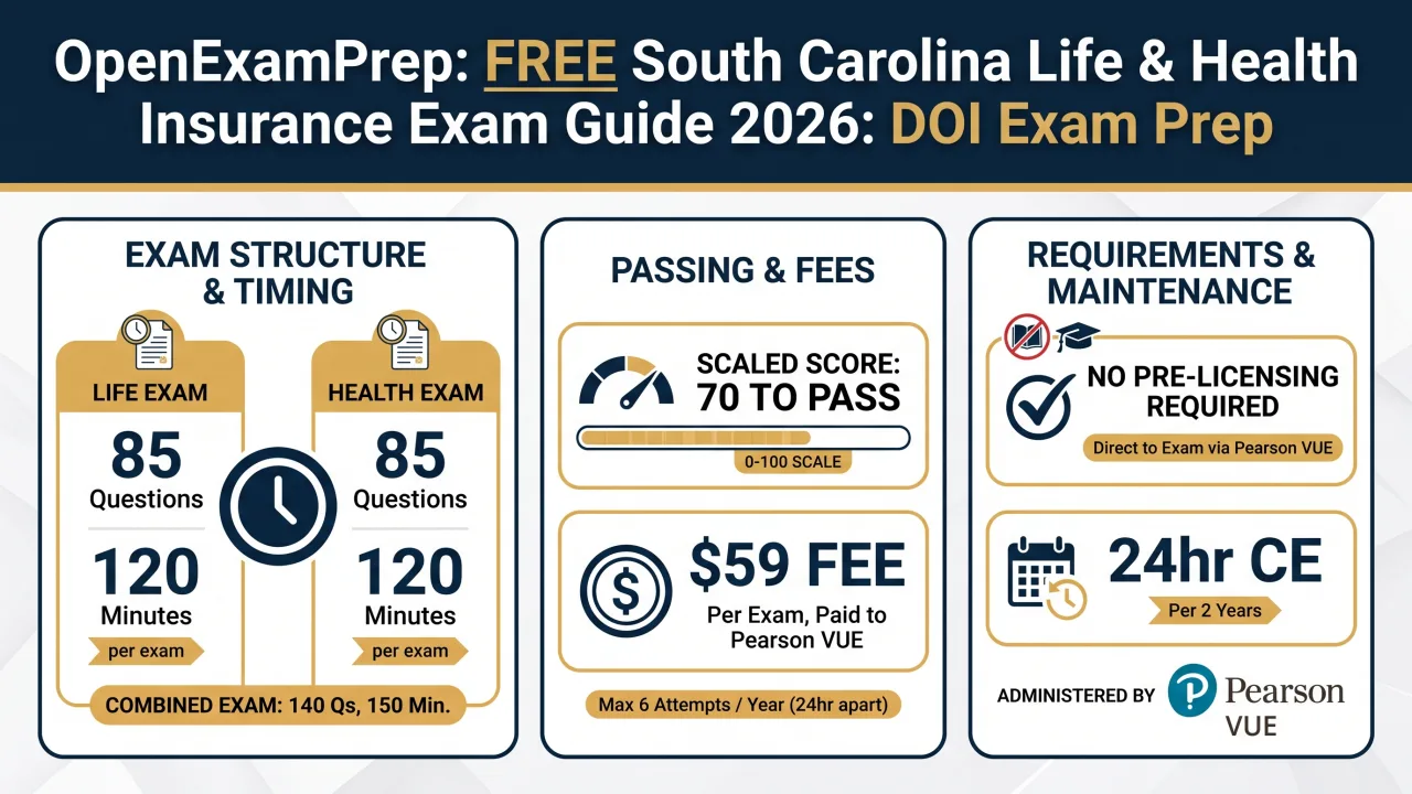 SC Life & Health insurance exam 2026: 85 questions, 120 min, scaled 70 to pass, $59 fee, Pearson VUE, no pre-licensing, 24hr CE per 2 years