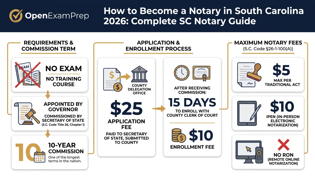 South Carolina notary 2026: no exam, $25 application to county delegation, 10-year commission, no bond, $5 max traditional fee, $10 IPEN, no RON, 15-day county enrollment