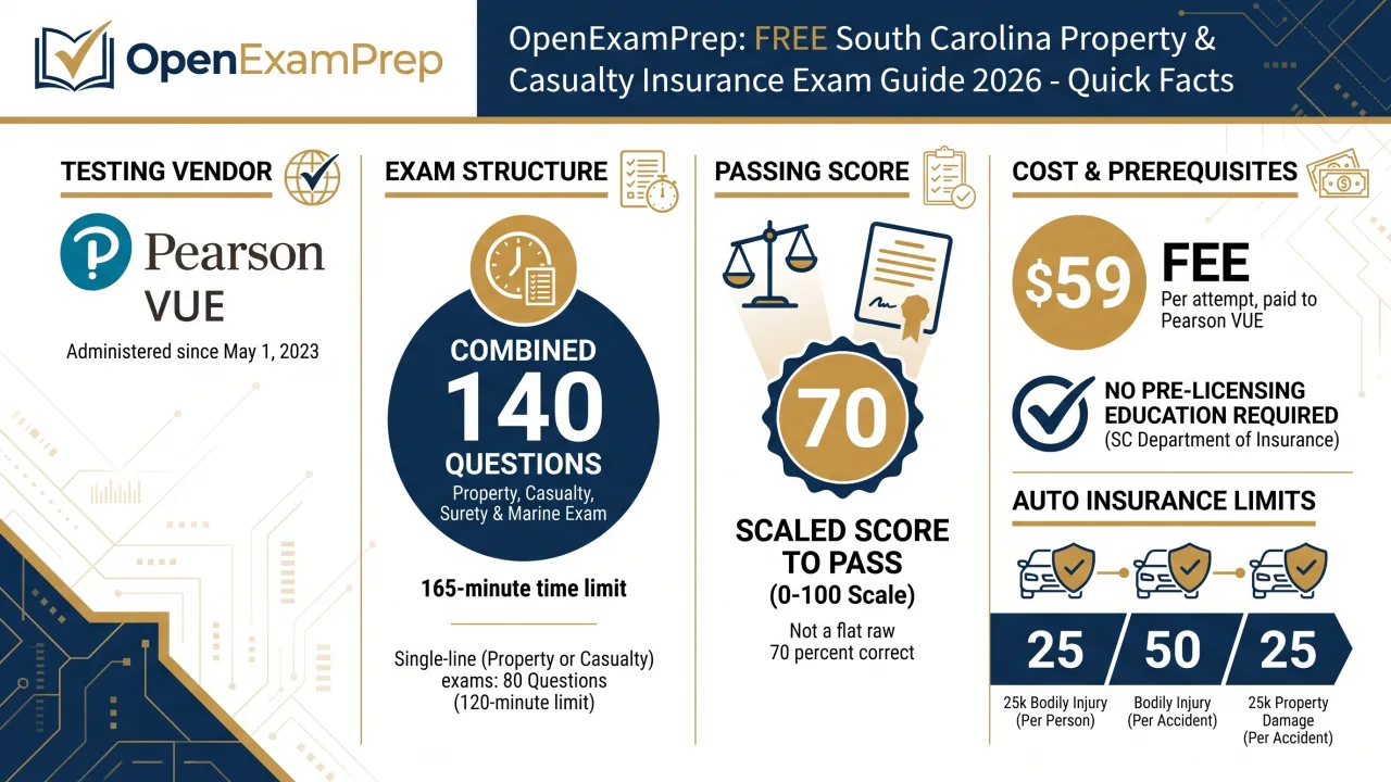 SC P&C 2026: Pearson VUE, combined 140 questions, scaled 70 to pass, $59 fee, no pre-licensing, 25/50/25 auto