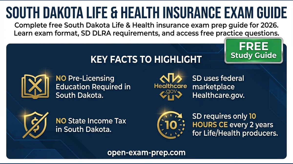 South Dakota Life & Health Exam 2026: No pre-licensing, no state income tax, 10 hrs CE/2 yrs