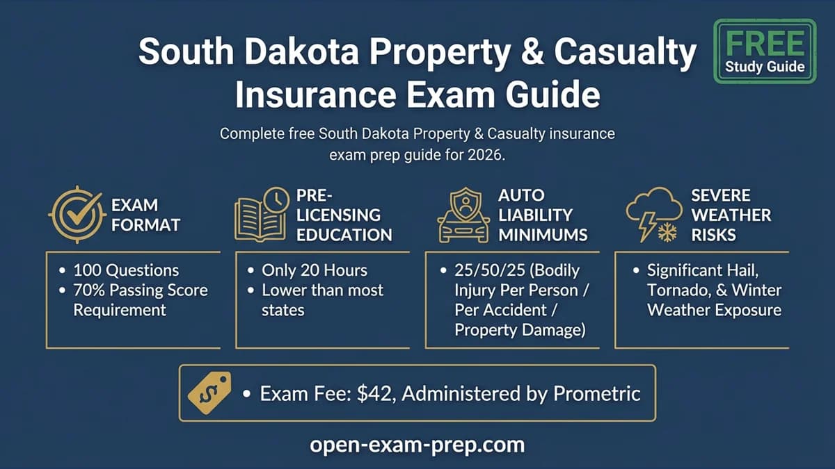 South Dakota P&C Exam 2026: 100 questions, 70% pass, $42 fee, 20 hours education