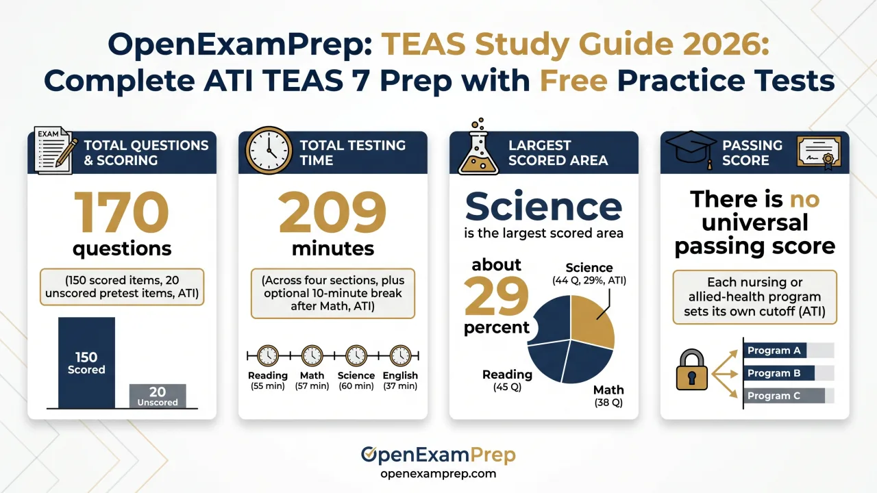 TEAS 7 2026 infographic: 170 questions (150 scored), 209 minutes, Science is the largest scored area at about 29 percent, and there is no universal passing score because each program sets its own cutoff