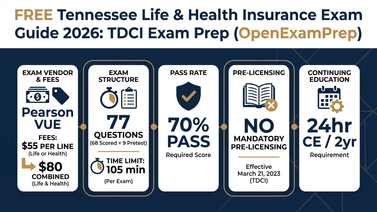 TN Life & Health Exam 2026: Pearson VUE, $55 per line ($80 combined), 77 questions in 105 min, 70% pass, no mandatory pre-licensing, 24hr CE/2yr