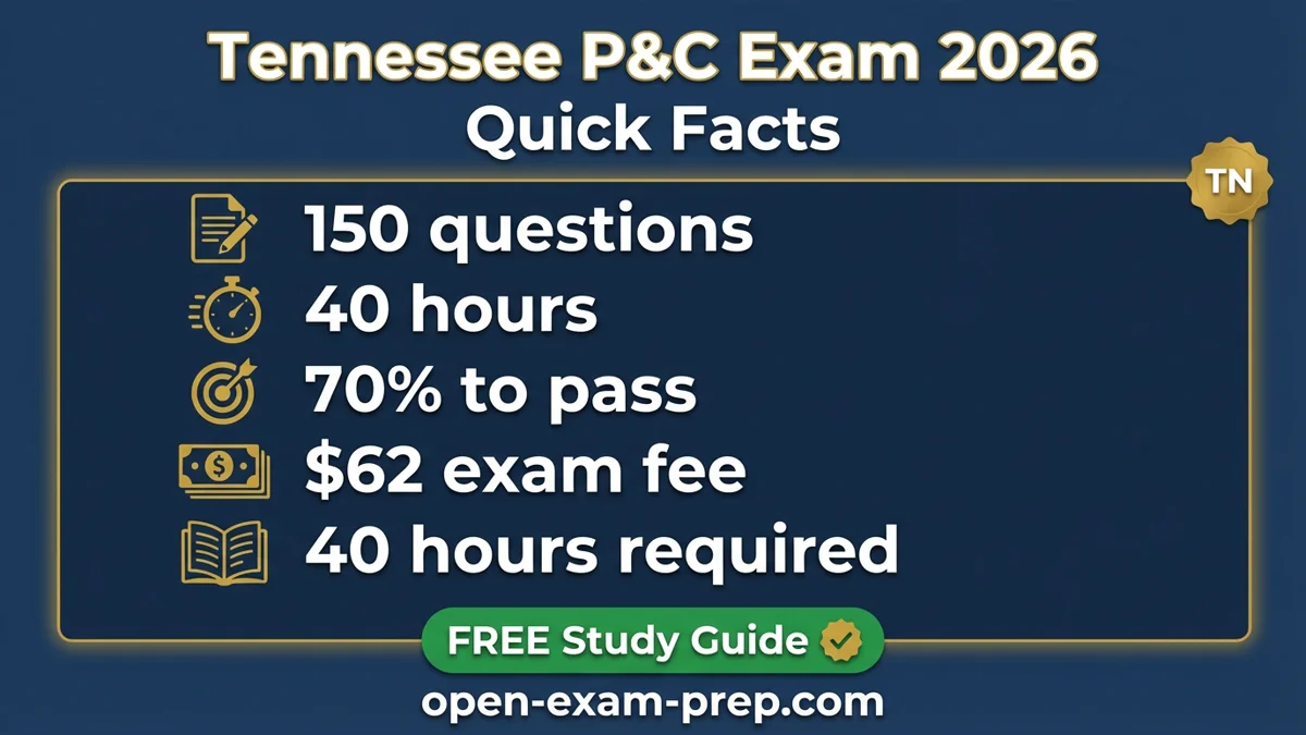 Tennessee P&C exam 2026: 150 questions, 70% pass, $62 fee, 40 hours education, TN auto 25/50/25