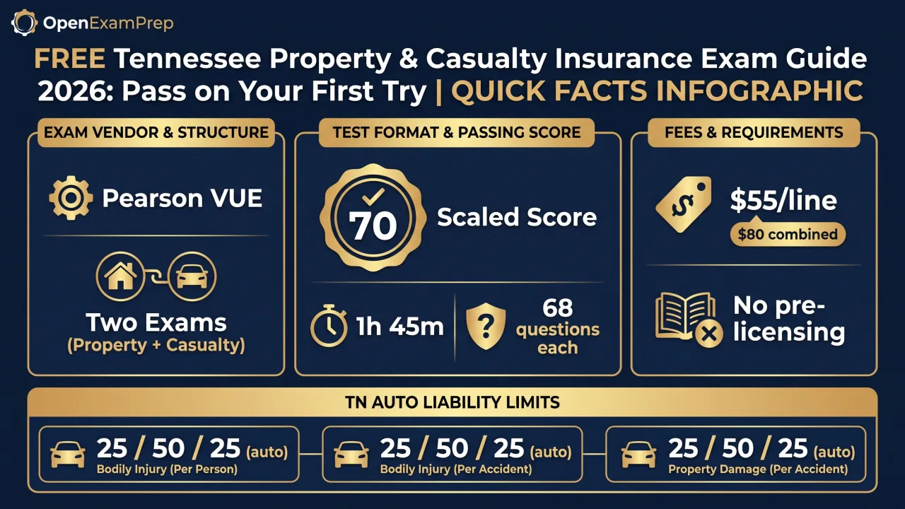 TN P&C 2026: Pearson VUE, two exams (Property+Casualty) 68 questions each, 1h45m, scaled 70, $55/line, no pre-licensing, 25/50/25 auto