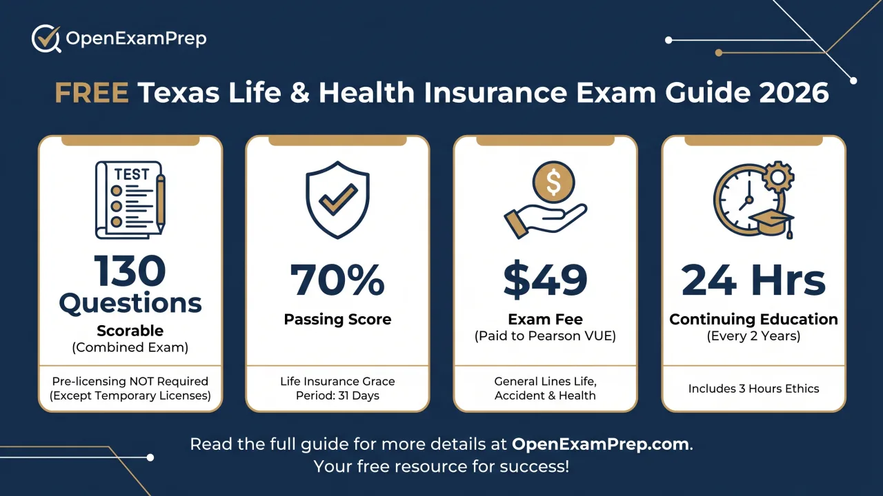 Texas Life & Health Exam 2026: 130 questions, 70% pass, $49 fee, 24 hrs CE.