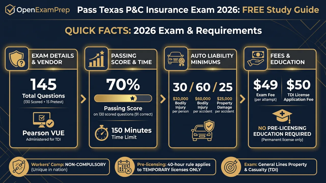 Texas P&C exam 2026: 145 questions, 70% passing score, Pearson VUE, 30/60/25 auto liability.