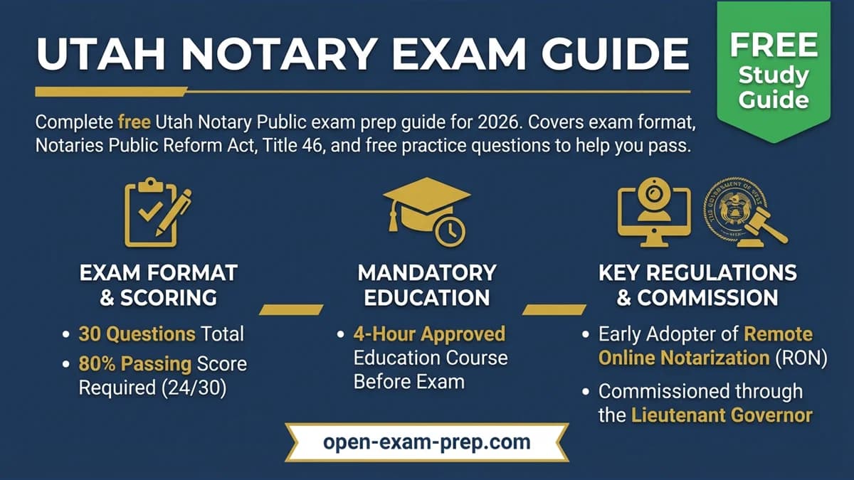 Utah Notary Exam 2026: 30 questions, 80% pass, $10 fee, 4-hour course, RON state