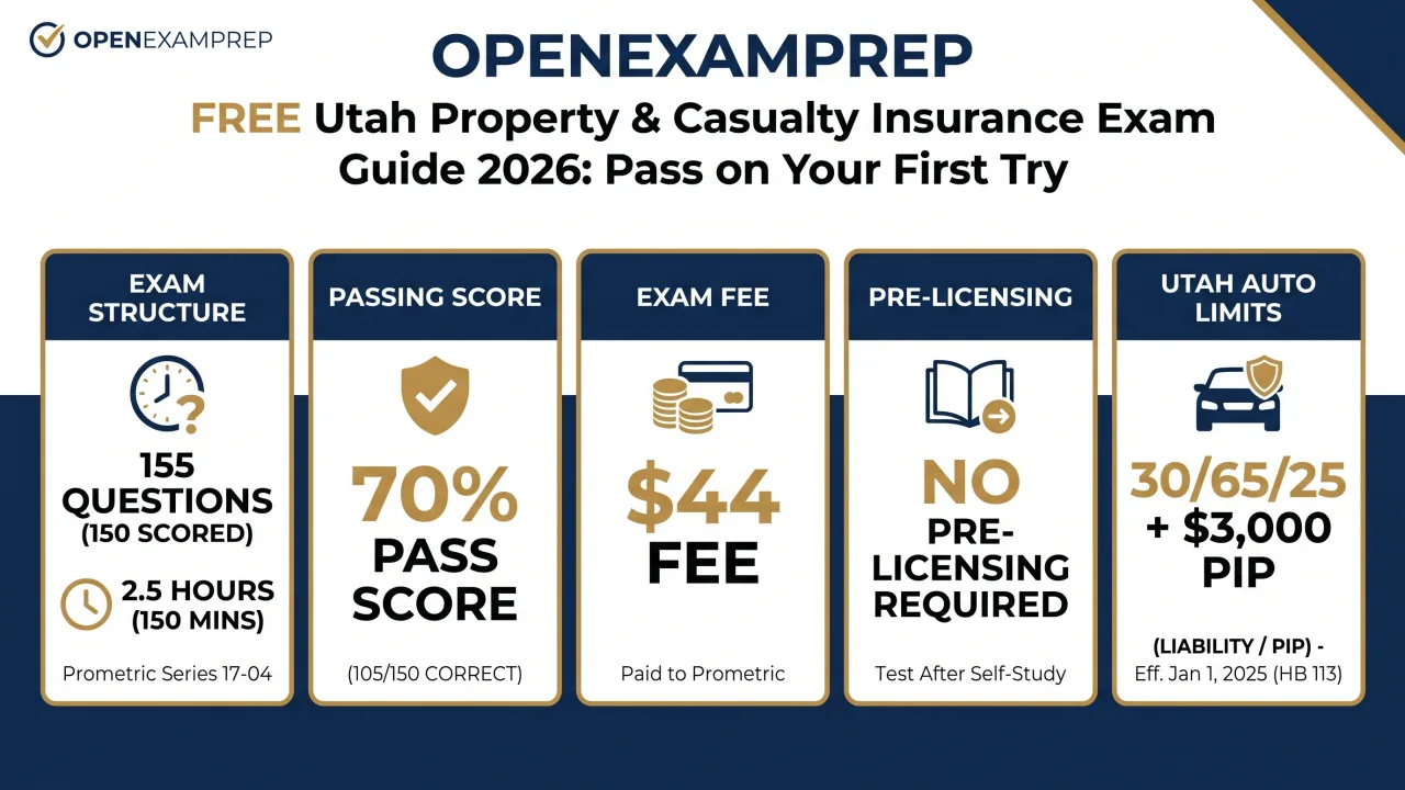 Utah P&C Exam 2026: 155 questions (150 scored), 2.5 hours, 70% pass, $44 fee, no pre-licensing required, Utah auto 30/65/25 + $3,000 PIP