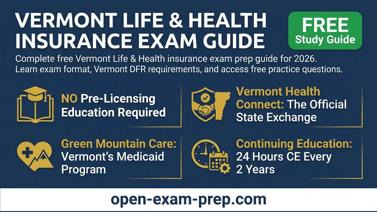 Vermont Life & Health Exam 2026: No pre-licensing, VT Health Connect, Green Mountain Care, 24hr CE/2yr
