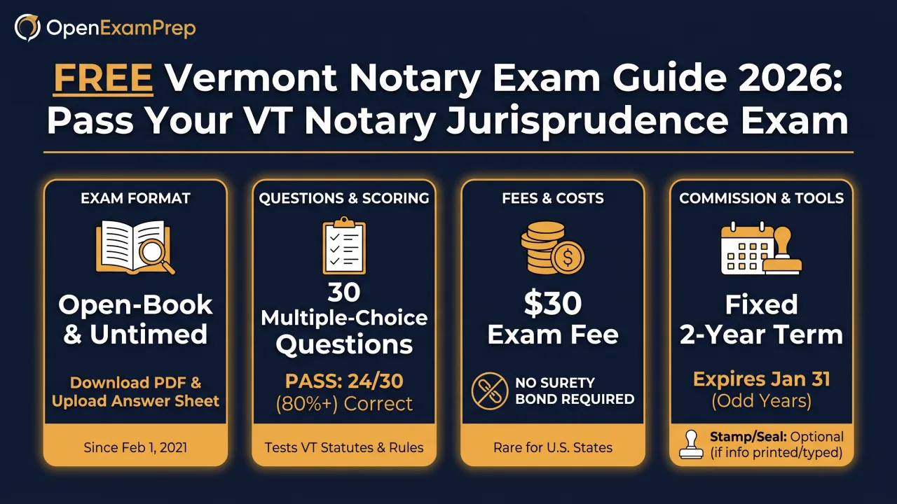Vermont notary exam 2026: 30 questions, open-book format, $30 fee, no bond required