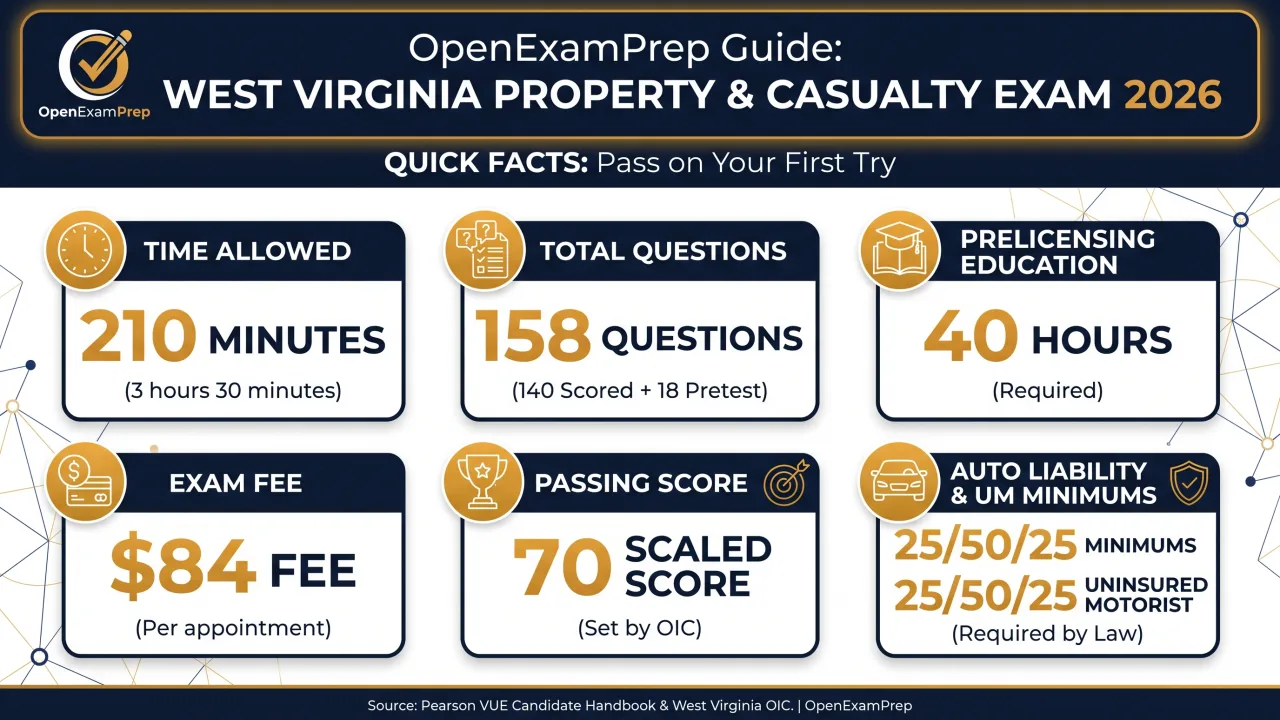 West Virginia P&C Exam 2026: 158 total questions (140 scored), 210 minutes, $84 fee, 40 hours education, 70 passing scaled score
