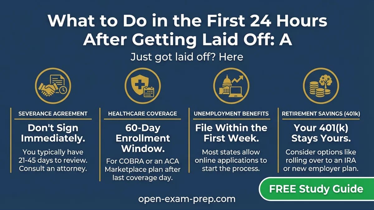 Layoff Survival Guide 2026: 21-45 days to review severance, 60 days for COBRA, file unemployment in week 1