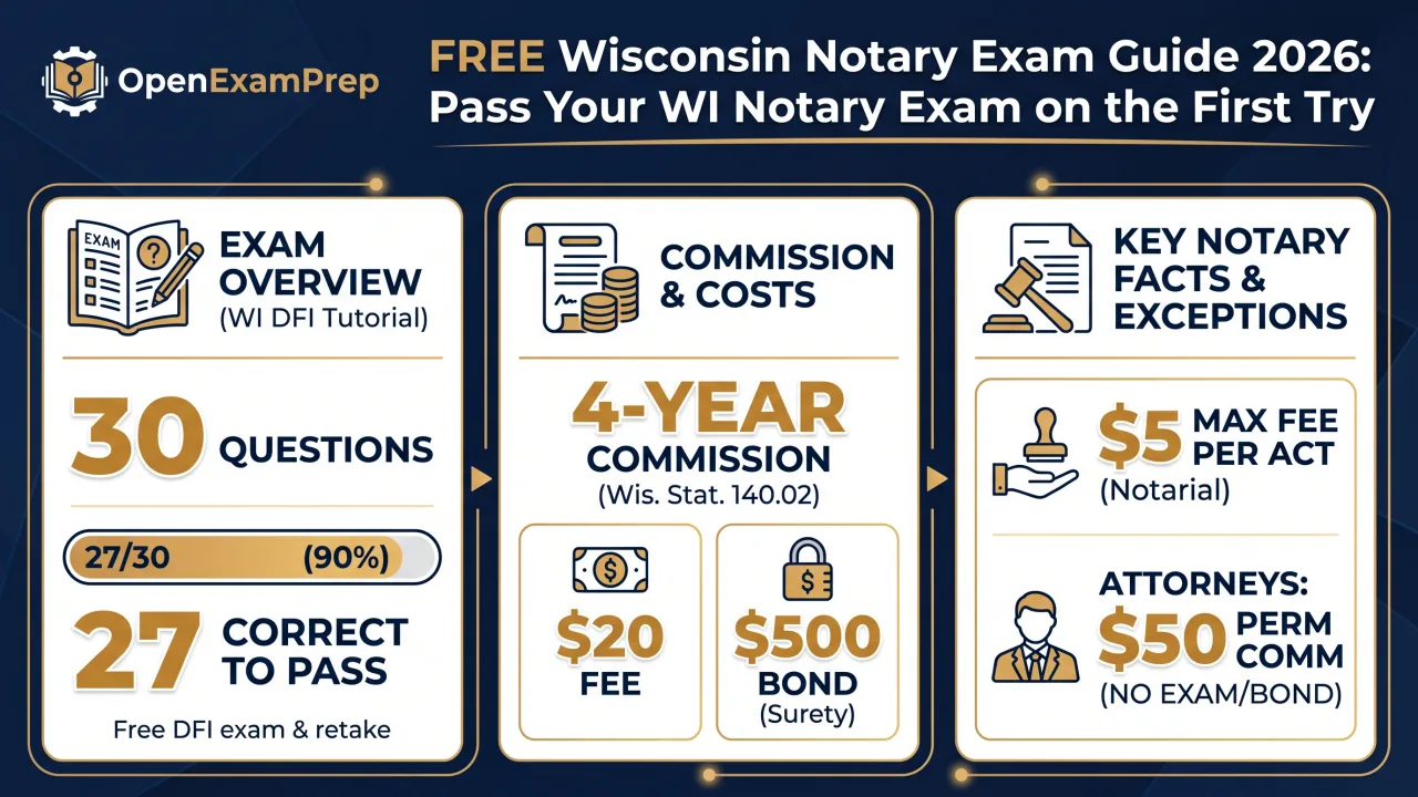 Wisconsin notary exam 2026: 30 questions, 90% to pass (27 correct), free DFI exam, $20 fee, $500 bond, 4-year commission