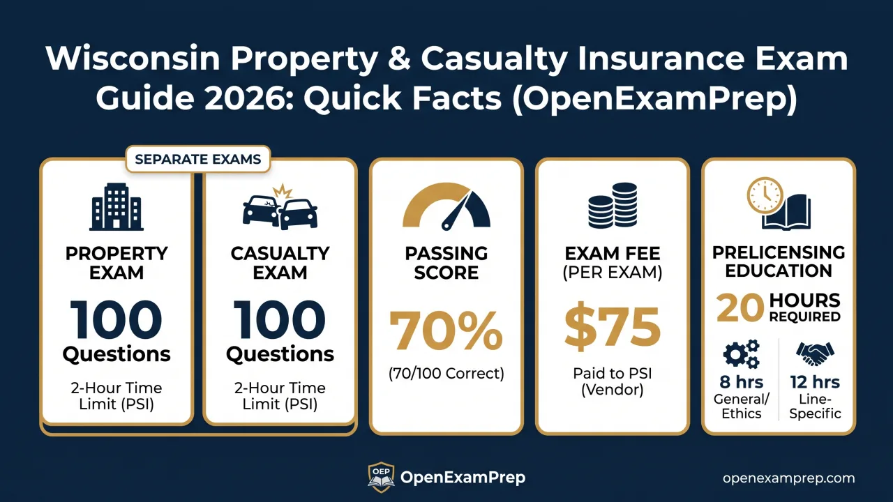 Wisconsin P&C Exam 2026: separate Property and Casualty exams, 100 questions each, 70% pass, $75 fee, 20-hour prelicensing required